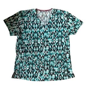 Divine‎ Stretch Women's V-Neck Scrub Top Green Black Diamond Print